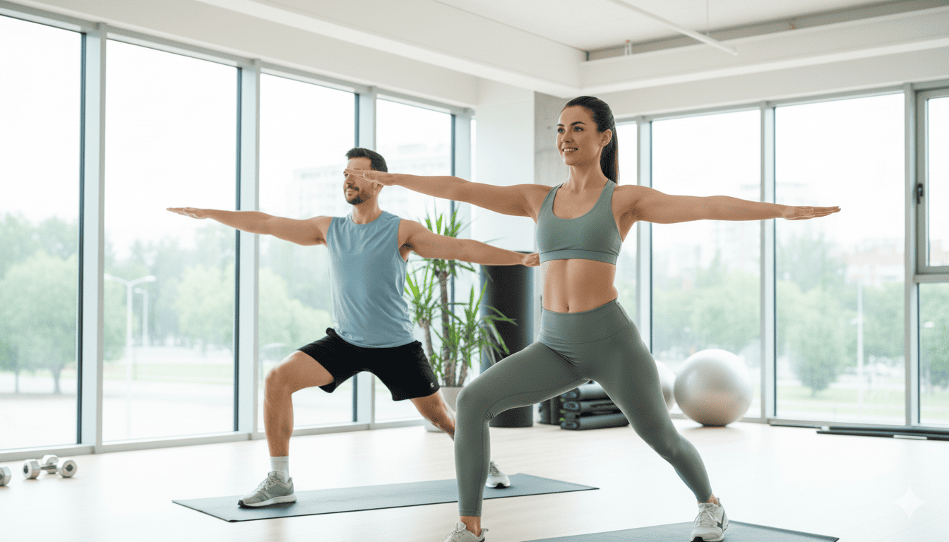 ​​Мужчина и женщина выполняют упражнения йоги в светлом фитнес-зале с большими окнами